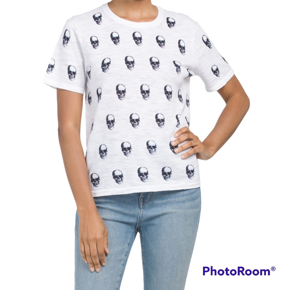 SKULL CASHMERE SUSIE TOP, Cotton, Skull Tee, White/Navy, Small, NWT